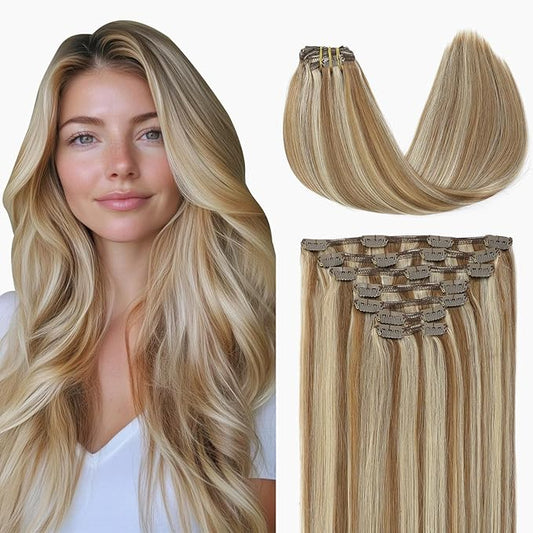 VINBAO Hair Extensions Clip in Human Hair Highlights Light Brown with Platinum Blonde Human Hair Highlighted Clip in Hair Extensions 140g 16inch 7pcs (#HC8P60,16'')