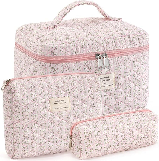 Makeup Bag for Women 3PCS Quilted Cotton Make Up Bag Travel Cosmetic Bag Large Makeup Bag Set Cute Makeups Organizer Floral Toiletry Pouch for Purse, Pink Stripe