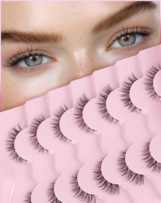 Natural Cat Eye Lashes 12MM False Eyelashes with Clear Band Wispy Lashes Natural Look C Curl Fake Eyelashes Pack 3D Volume Lash Strips ChirpyLuna Eyelash 7 Pair