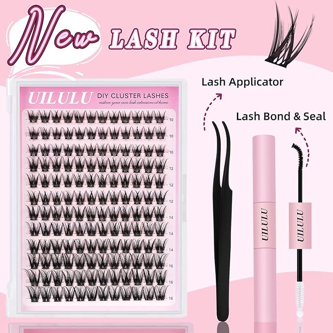 Lash Clusters Kit for DIY Lash Extension at Home, False Eyelashes Set with Bond and Seal, Lash Remover, Tweezers, D Curl Wispy Individual Clusters Eye Lash Extensions Kit (U25 DIY Lash Kit)