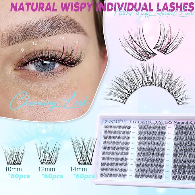 Lash Clusters Wispy Eyelash Clusters Natural CC-Curly Cluster Lashes zanlufly Wispy Individual Lashes 180Pcs Eyelash Extension 10 12 14MM DIY Lash Extension