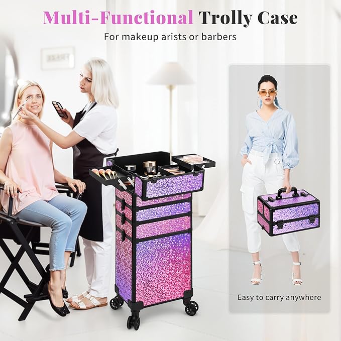 Profesional Rolling Makeup Train Case with Lid, 5 in 1 Cosmetology Case on Wheels, Large Cosmetic Trolley Organizer Travel for Hairstylist Artist Nail Beauty Salon Barber, Gravel Pink