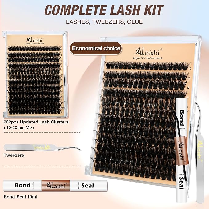 Lash Clusters Kit, DIY Cluster Eyelash Extensions 10‑20mm, 90D+100D, 202pcs Fluffy D Curl Natural Lashes with Bond & Seal,Tweezers–Fake Cat Eye Individual Clusters