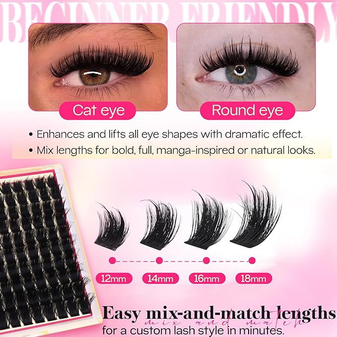 FANXITON 3D Volume Lash Clusters with Spiky 12-18mm Long Lash Extension Wispy Eyelash Clusters Fluffy DIY Eyelash Extensions for Dramatic Salon Look at Home