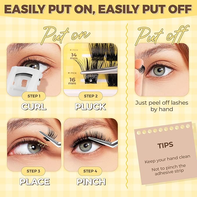 PopUp Self Adhesive Eyelashes Clusters, Press On Lashes Pre Glued Eyelash Extension Kit with Lash Tweezer,10-16mm No Glue No Remover Needed Self Adhesive Lashes Clusters ZNF23-D