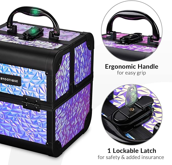 BYOOTIQUE Professional Makeup Case with Mirror 2-Tier Trays Mermaid Cosmetic Storage Box Lockable Jewelry Organizer for Nail Bar Beautician Salon Barber Hairstylist Travel,Mermaid Purple