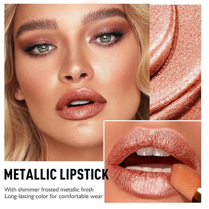 Coral Orange Lipstick for Women with Metallic Shimmer Shine, Long Lasting Lip Stick Glitter Moisturizing Lightweight Full Coverage Lip Makeup, Smooth Non-Sticky Pearl Shiny Cream Lipstick, 02