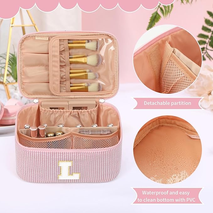 OCHEAL Makeup Bag for Women, Monogram Cosmetic Bag with Brush Holder, Pink Travel Makeup Case Beauty Toiletry Bag Organizer Personalized Gifts for Girls Bridesmaid, Sister, Wife, Friends Initial L