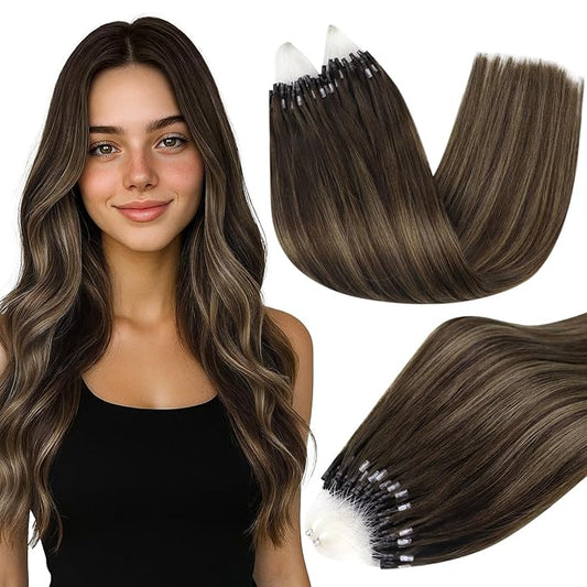 Full Shine Micro Bead Hair Extensions Real Human Hair Color 2 Dark Brown Fading to 8 Ash Brown Mixed 2 Brown 14 Inch 50 Grams Micro Loop Hair Extensions Human Hair for Women