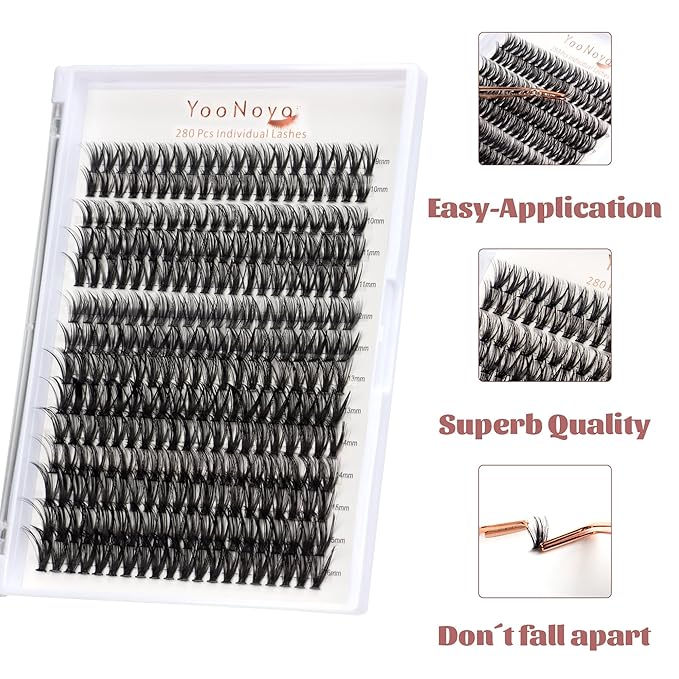 Lash Clusters 280pcs DIY Individual Lashes 40D Cluster Eyelash Extensions 9-15mm Eyelash Clusters Lash Extensions for Self Application (40D, 0.07D, 9-16mm)