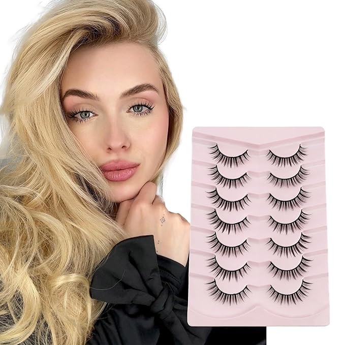 Natural Lashes Manga Lashes Cat Eye Lashes False Eyelashes Natural Look, Yasnai Wispy EyeLashes Short 10mm Wet Look Fake Lashes Volume Lashes, Strips Lashes Eyelashes 7 Pairs Pack