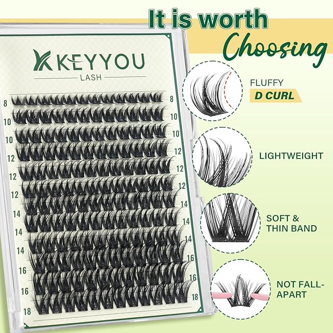 KEYYOULASH Lash ClustersThick Volume Eyelash Clusters D Curl 144pcs Manga Eyelash Clusters Thin Band Lashes Clusters for Beginner DIY Cluster Eyelash Extensions at Home(KY04-8-18MIX)