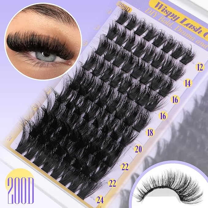 Fluffy Lash Clusters 150D+200D+300D Thick Volume Cluster Eyelash Extensions 12-25mm Dramatic Long Eyelash Clusters Wispy Individual Lashes D Curl Cluster Lashes DIY Glam Lash Extension by Yawamica