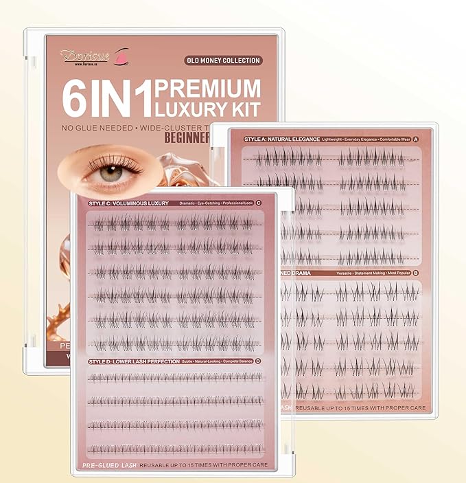 Natural Lash Clusters Pre Glued 250PCS Self Adhesive Individual Eyelashes No Glue Needed 4 Styles Upper Lower False Lashes Working Mom Extension Kit Tweezers