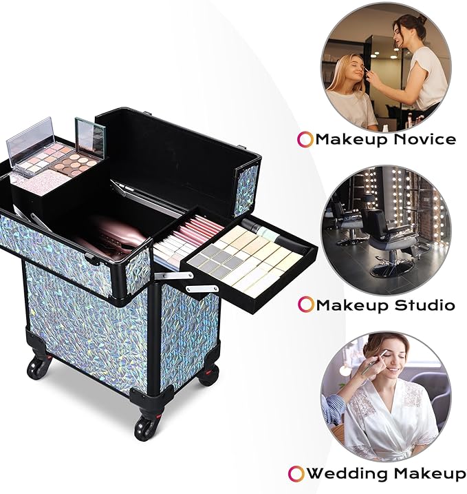 BYOOTIQUE Rolling Makeup Cart on Wheels False Eyelash Storage Nail Tech Carrying Organizer Box for Nail Artist Beauty Studio Barbershop Hairstylist,Mermaid Silver