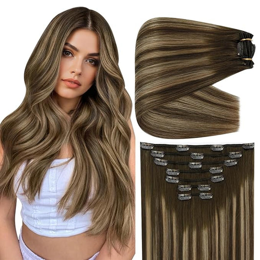 Full Shine Clip in Extensions for Thin Fine Hair 16 Inch Balayage Medium Brown to Caramel Blonde Seamless Clip in Hair Extensions Straight 7 Pcs 135 G