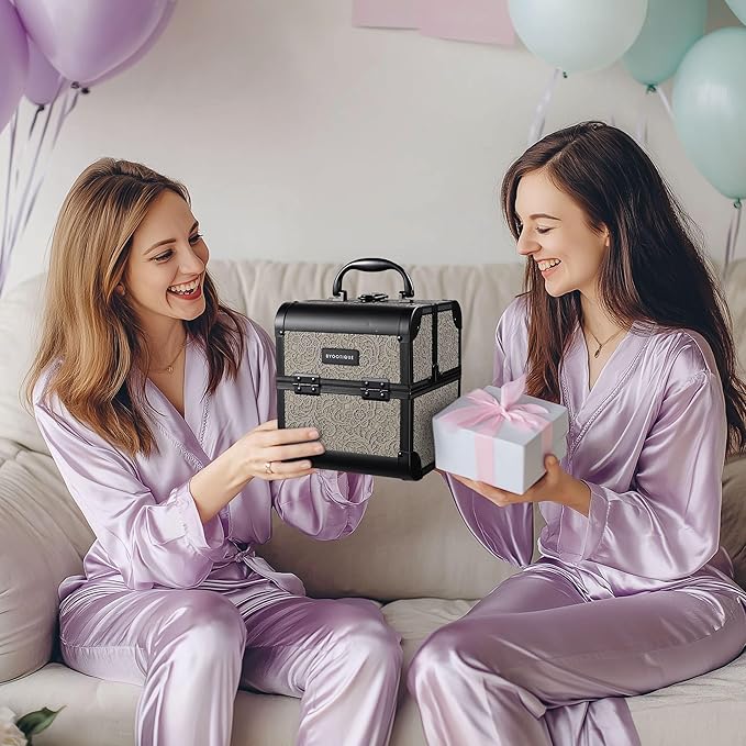 BYOOTIQUE Makeup Box Organizer with Mirror 2-Tier Trays Hairdressing Case Lash Storage Box for Manicurist Nail Tech Travel Beauty Salon Hairstylist,Rococo GainsBoro