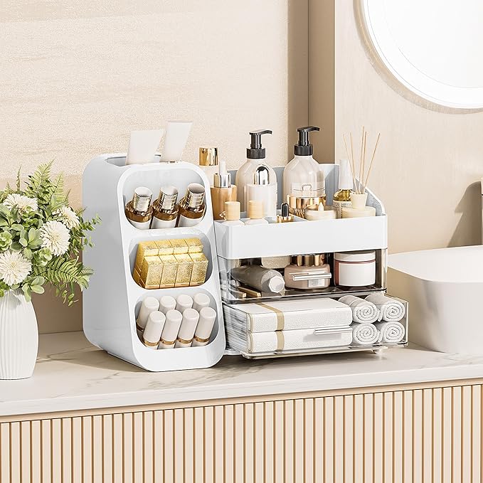 Delamu Makeup Organizer Countertop, Spacious Cosmetic Display Case with Makeup Brush Holder, Perfect Vanity Bathroom Organizer and Storage Solution for Skincare & Beauty Essentials, White