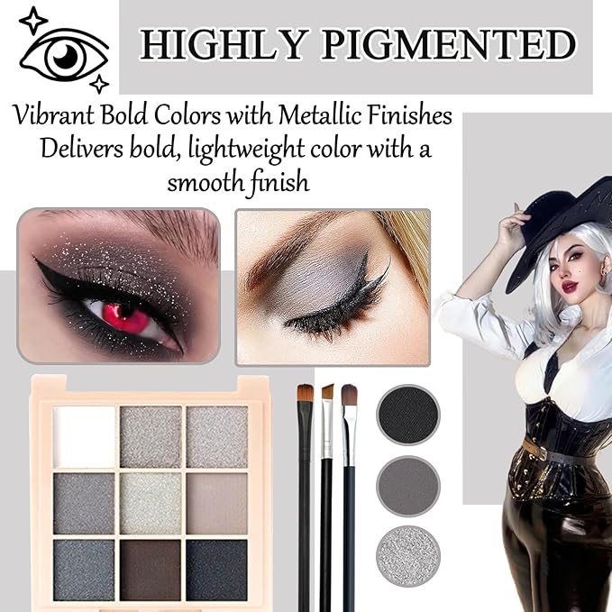 Black Grey Smoky Eyeshadow Palette,15 Colors Matte Shimmer Pigmented Eye Shadow Makeup Palette Set with 3 Eyeshadow Brushes,Glitter Eyeshadow Makeup Palette for Daily Halloween Goth Makeup(F)