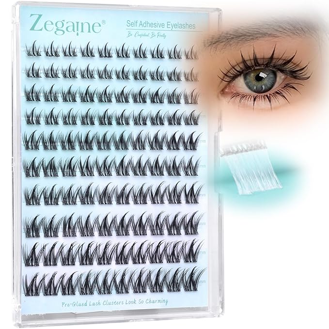 Zegaine Manga Self Adhesive Eyelashes Natural Look Self Adhesive Lash Clusters No Glue Needed Asian Anime Pre Glued Lashes Natural Lash Clusters Reusable C-Curly Spiky Pre Glued Eyelashes 8-16MM