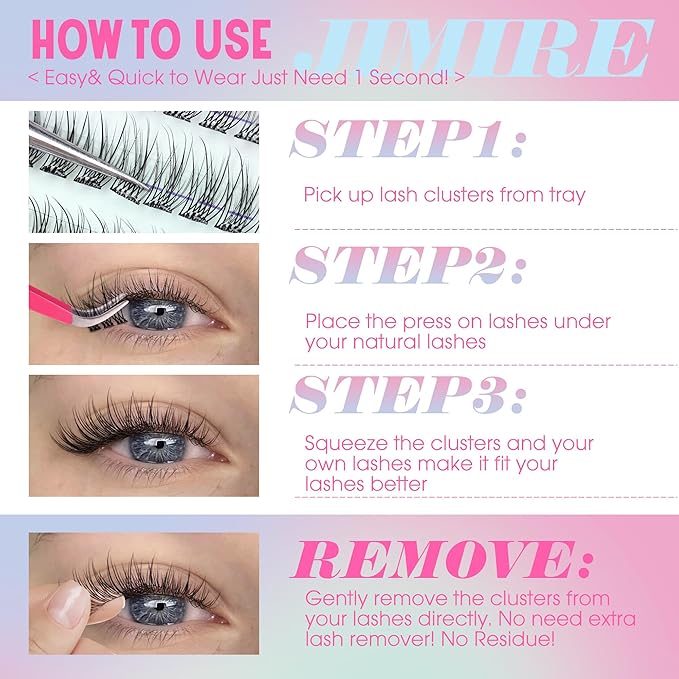 JIMIRE 160Pcs Self Adhesive Eyelashes Natural Look 9-14MM Wispy Pre Glued Lash Clusters No Glue Needed Press on Lashes Clusters Reusable Self Adhesive Eyelash Clusters Beginners Friendly