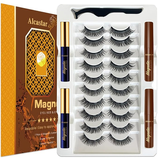 Alcastar Magnetic Eyelashes and Eyeliner Kit,Magnetic Lashes Natural Looking with Eyeliner,Eyelash With Applicator,Waterproof, Long Lasting,Cruelty Free (Fluffy-DH06-05)