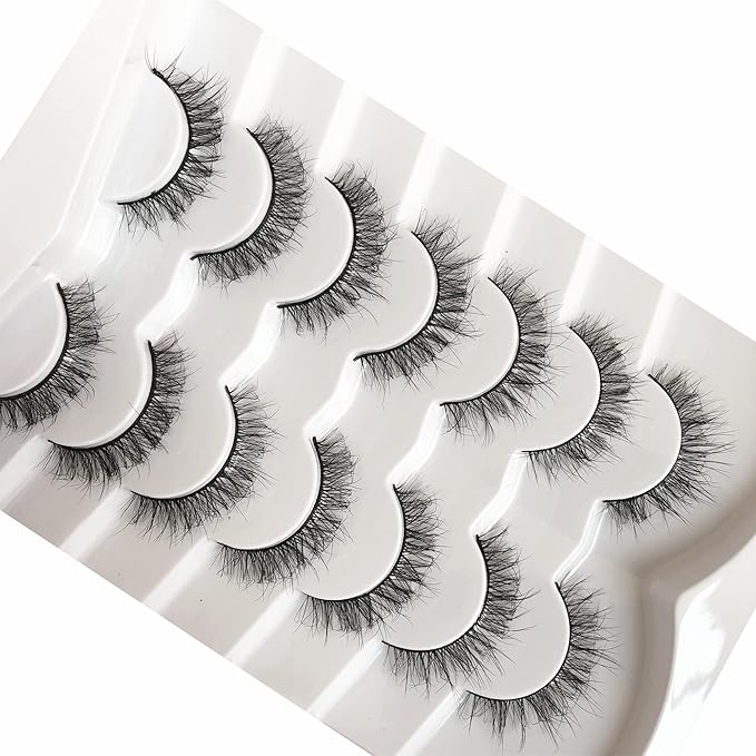 Pooplunch Fake Eyelashes Short Natural False Eyelashes Cat-Eye Wispy Volume Lightweight Faux Mink Eye Lashes Strips 7 Pairs Pack