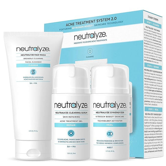 Neutralyze Moderate to Severe Acne Treatment Kit 2.0 - Maximum Strength 3 Step Acne Kit with 2% Salicylic Acid, 2% Mandelic Acid & Nitric Oxide - Includes Face Wash, Clearing Serum & Synergyzer