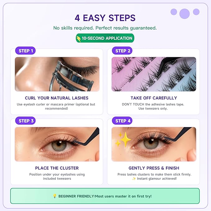Lash Clusters Pre Glued Individual Eyelashes Cateyes Self Adhesive False Lashes No Glue Needed 8-14mm Professional Volume Extension Kit with Tweezers