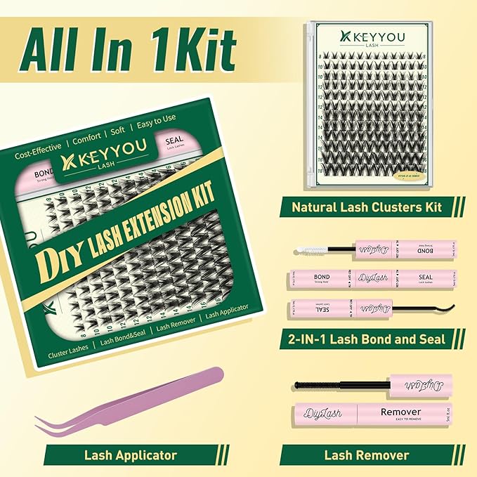 KEYYOULASH Lash Clusters Kit 144pcs 8-18MIX Lash Clusters Wispy Anime Lash Extension Kit with Lash Bond and Seal,Remover,Applicators for DIY Eyelash Extension Kit at Home (KY08 Kit)