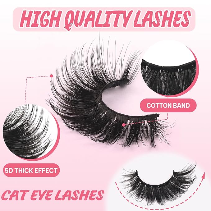 Ahrikiss Lashes Fluffy False Eyelashes 5D Volume Fake Lashes That Look Like Extensions 10 Pairs Soft Thick Strip Lashes Wispy Faux Mink Lashes (D15)