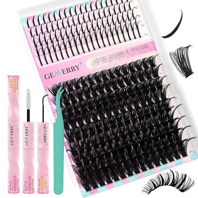 GEMERRY Lash Clusters Kit 100D Long 12-21mm with Spikes Cluster Eyelash Extensions Kit DIY Wispy Natural Lash Clusters with Lash Bond and Seal Spiky Individual Lashes Eyelashes