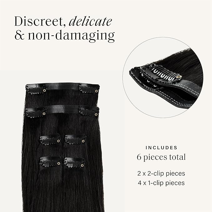 Luxy 100% Remy Human Hair Extensions for Thin Hair Thinning Hair Fill-Ins – 6 Seamless Wefts Multi-Dimensional Color Blend - Natural-Looking Volume & Coverage 50 grams 12" Off Black Thinning