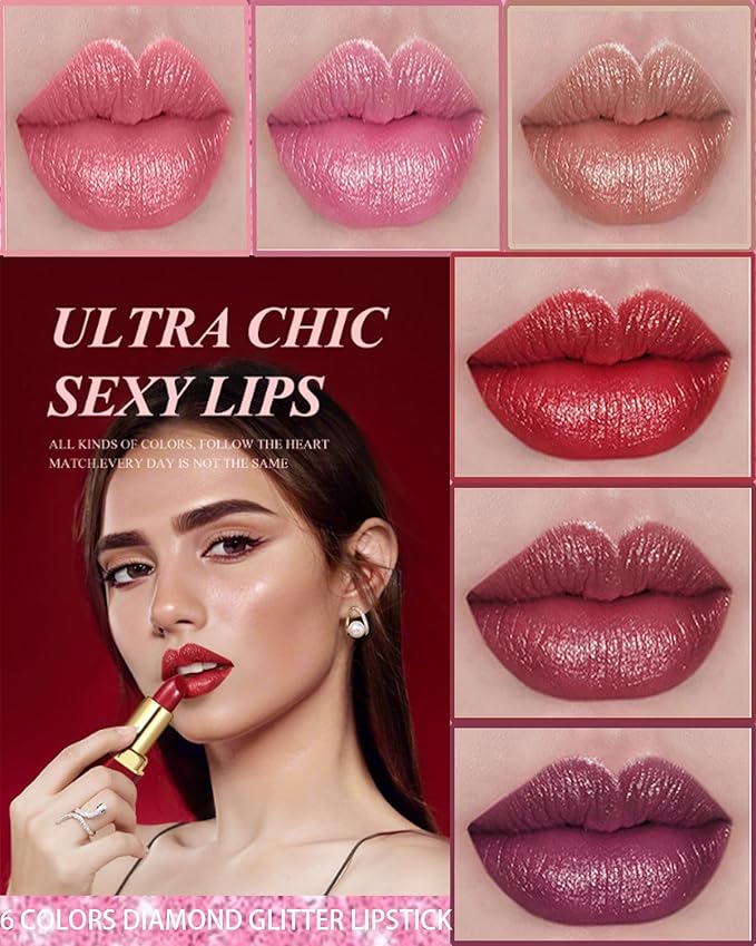 Glitter Lipstick Sets for Women Long Lasting,Light to Dark Shimmer Lipstick 24 Hour Waterproof Matte Lip Gloss Nude Pink Rose Red Brown Plum Color High Pigmented Sparkling Shiny Lip Stain Makeup Gift