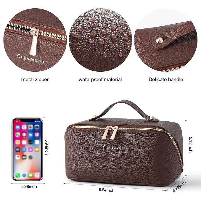 Makeup Bag, Travel Toiletry Bag for Women, Large Capacity Waterproof Rhombus Stitching PU Leather Cosmetic Bags Make Up Organizer Bags with Headband and Wristband Set (Black)