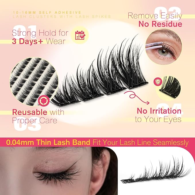 JIMIRE Self Adhesive Eyelashes Wispy Lash Clusters No Glue Needed Press on Lashes Reusable Self Adhesive Lash Clusters 10-16MM Pre-Glued Eyelash Clusters Easy to Apply 108Pcs Pack