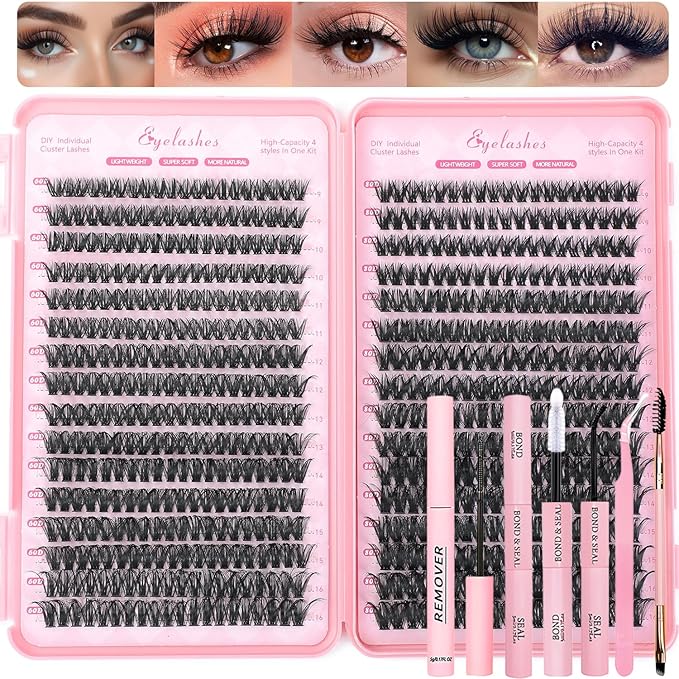 Lash Clusters Kit, 640 Pcs Eyelashes Clusters Extensions Kit 9-16mm Individual Lashes D Curl Fluffy Wispy False Eyelashes Thin Band, with Bond Seal Remover Tweezers Brush DIY (40D+50D Kit 9-16mm)