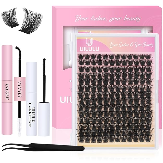 Lash Clusters Kit for DIY Lash Extension at Home, False Eyelashes Set with Bond and Seal, Remover, Tweezers, D Curl Wispy Individual Clusters Lashes Eye Lash Extensions Kit (U02 DIY Lash Kit)