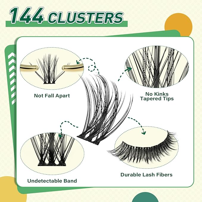 DIY Lash Extension Kit KEYYOU 144pcs Lash Clusters Eyelash Extension Kit with Mascara Brush Bond and Seal Lash Glue Remover Lash Applicators Lash Brush for DIY Lash Extensions (Y08 Kit)