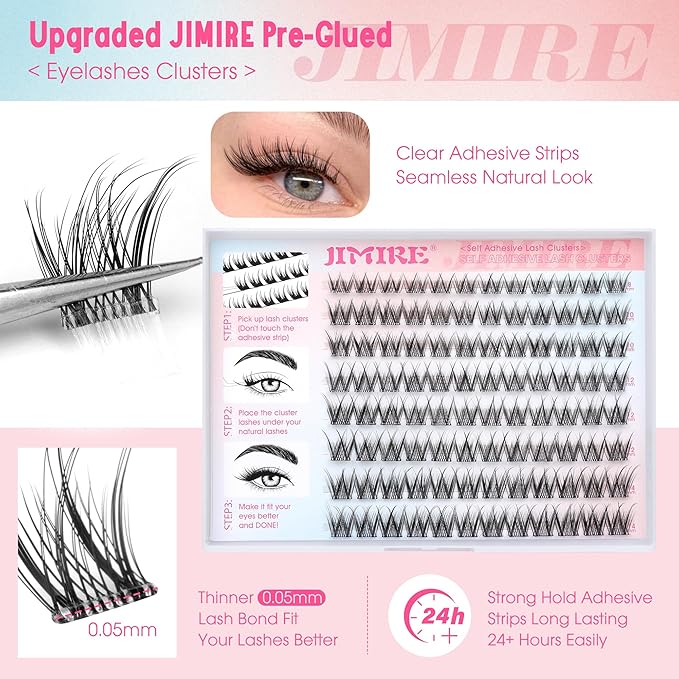 Self Adhesive Eyelashes Wispy Lash Clusters D-Curly Pre Glued Eyelashes Clusters 8-14MM Natural Press on Cluster Lashes Easy to Apply Self Adhesive Lash Clusters No Glue Needed by JIMIRE