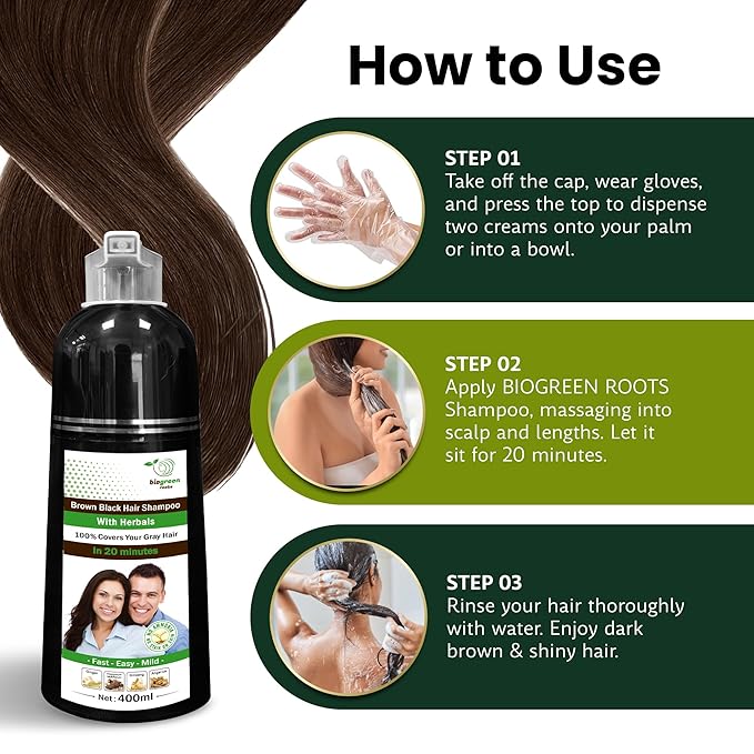 Ammonia-Free & Paraben Free Herbal Hair Shampoo - Hair Dye Shampoo for Women & Men - Natural Color & Herbal Nourishment - No Stain on Skin - Brown Black (400 ml)