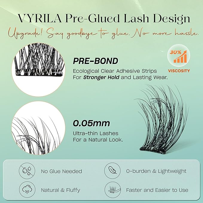Self-Adhesive Lash Cluster, Pre-Glued Clusters, Pop-On Faux Eyelashes, 3D Thin Band D Curl Natural Look Lahses, Easy to Apply, Reusable 0.05mm Eyelash Extensions (Green Muse-D-0.05-10-16mix)