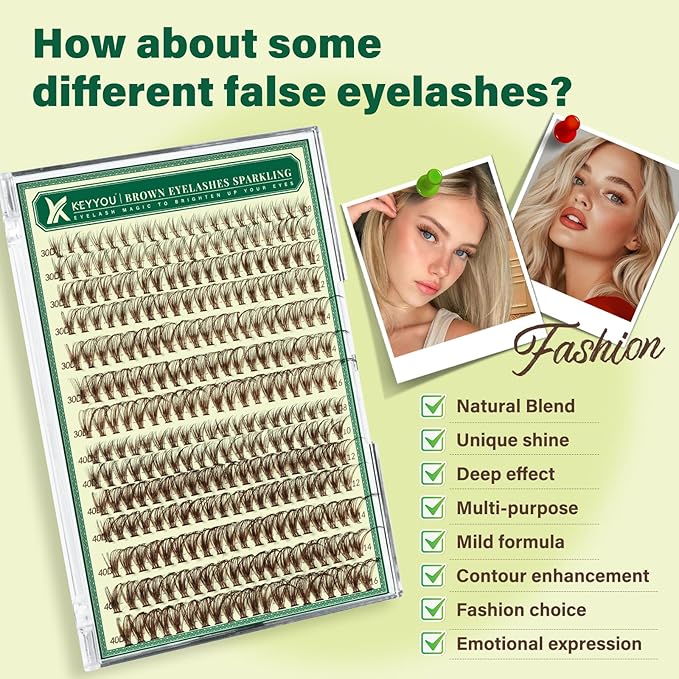 KEYYOU Brown Lash Clusters Natural Lash Extensions Wispy Eyelash Clusters 280Pcs D Curl Eyelash Extensions for Beginner Friendly Dark Lash Clusters Brown Eyelash Extensions (Brown-30D40D-D-8-16MIX）