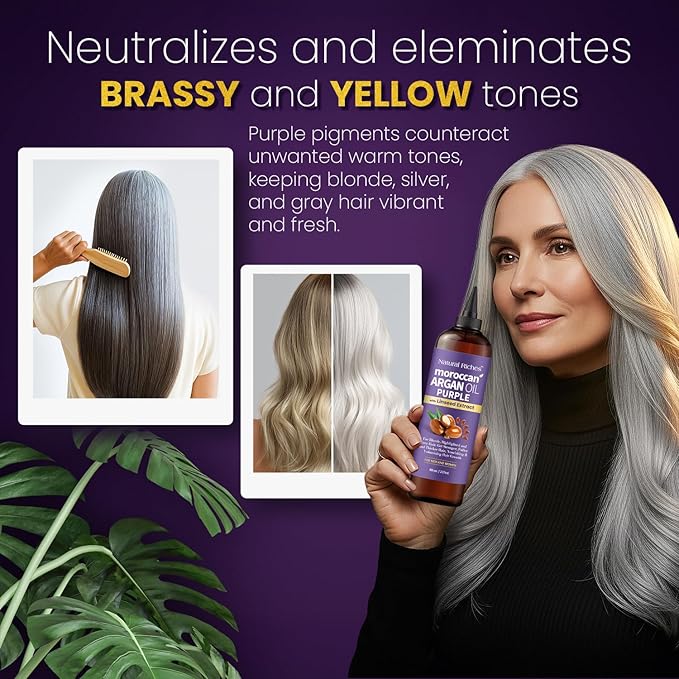 Natural Riches Purple Moroccan Argan Oil Hair Treatment with Linseed Extract, Anti-Brass Formula for Blonde, Silver, Platinum & Grey Hair Neutralize Yellow Tone, Smooths Frizz & Restore Shine 8 fl oz