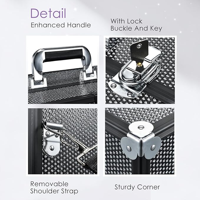 Joligrace Makeup Train Case Large 6 Tray Professional Organizer Box - Cosmetic Make Up Carrier with Lock & Key Carrying Strap for Studio Artist & Stylist Black Rhinestone