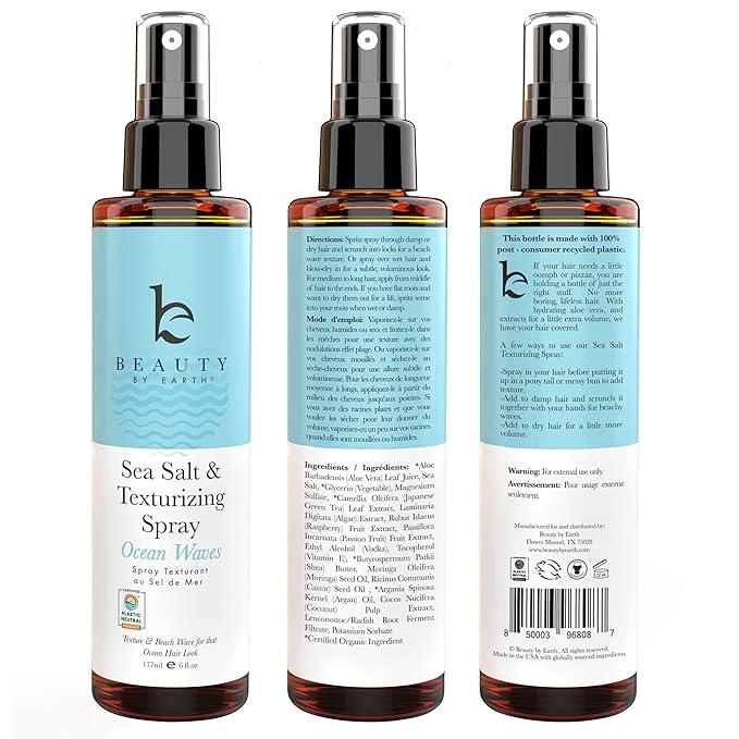 Beauty by Earth Sea Salt Spray for Textured Beach Waves & Volume - USA Made with Organic Ingredients, Texturing and Volumizing Spray for Fine Hair for Men & Women (Pack of 2)