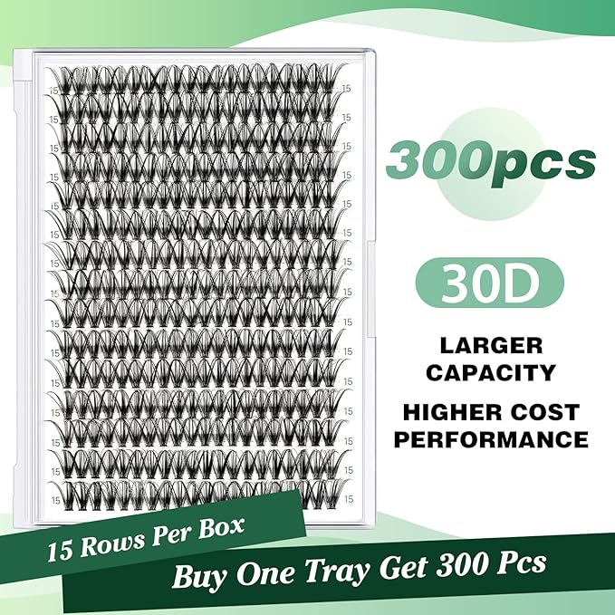 Lash Clusters 300pcs Individual Lashes 30D 0.07D Curl 15mm DIY Eyelash Extension KEYYOU Large Tray Volume Soft&Natural Cluster Lashes(30D-0.07D,15）