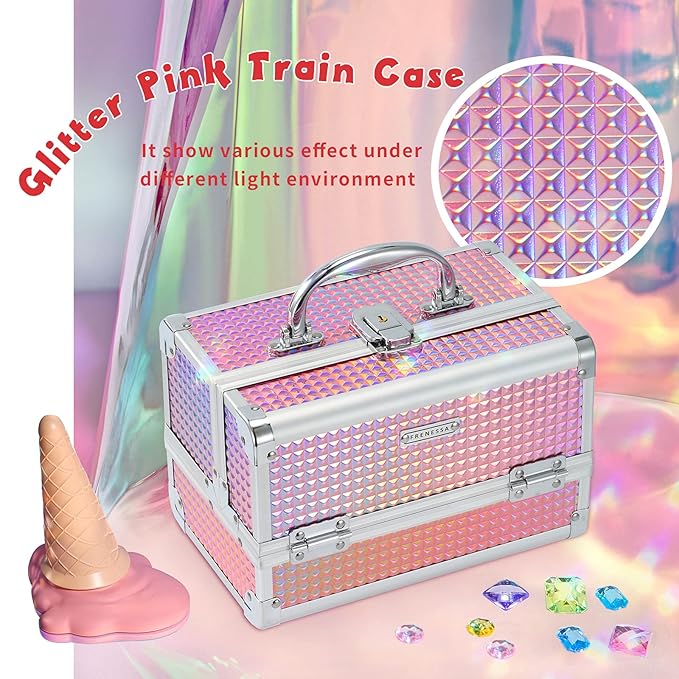 FRENESSA Makeup Train Case Makeup Box Organizer Portable Cosmetic Travel Case Makeup Case with Mirror Locking Make Up Cases Organizers and Storage for Nail Supplies Hard Cosmetic Box Shiny Pink