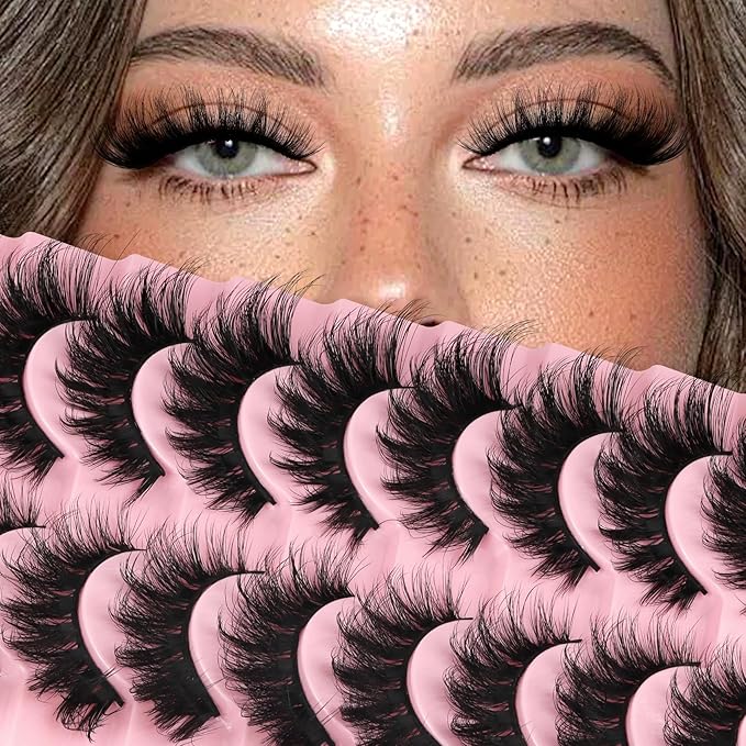Ahrikiss Lashes Fluffy Cat Eye Lashes 5D Volume False Eyelashes That Look Like Extensions 10 Pairs Soft Wispy Fake Eyelashes Faux Mink Lashes (D18)