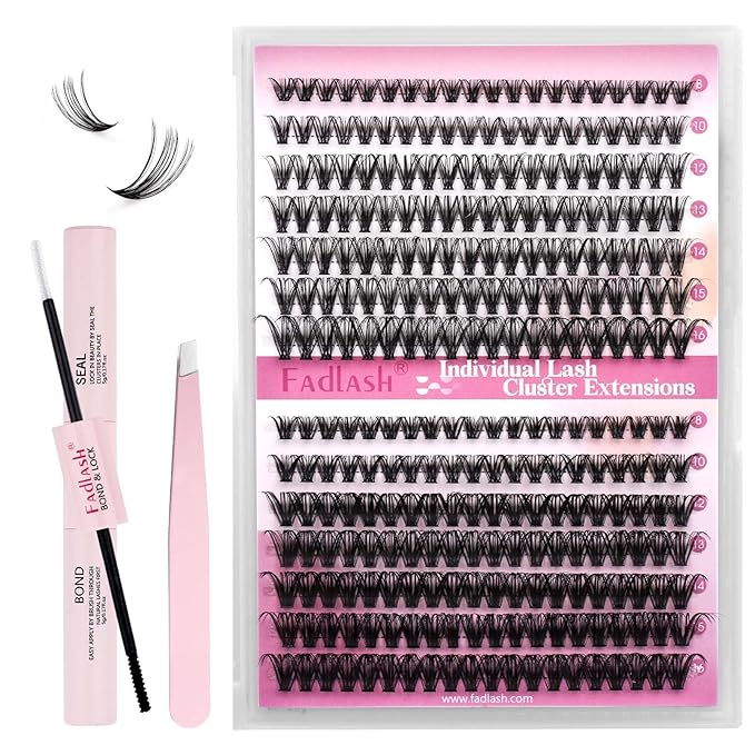 FADLASH DIY Lash Extension Kit Individual Lashes Cluster D Curl Eyelash Extension Kit with Lash Bond and Seal and Lash Applicator Tool for Self Application at Home (30D+40D-0.07D-8-16MIX KIT)